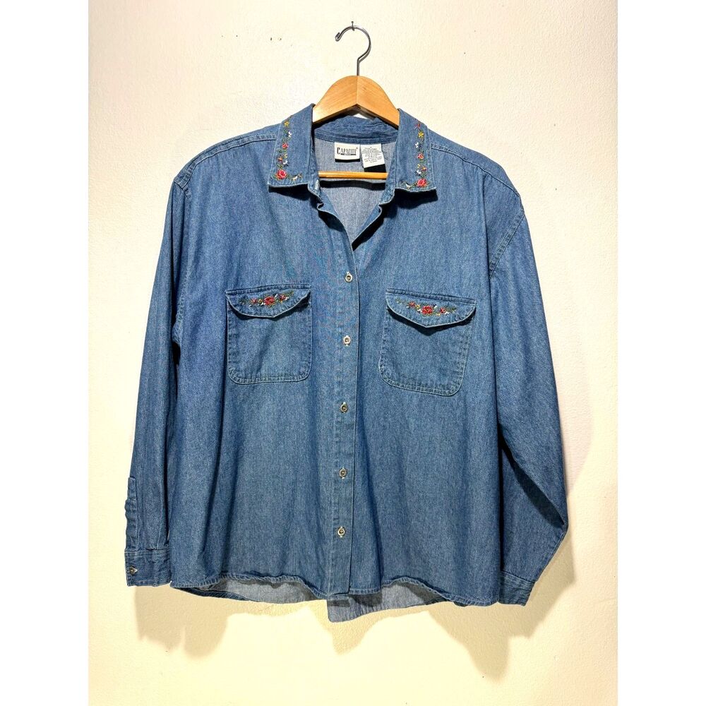 Capacity denon chambray button up shirt VTG floral embroidered cotton women 2X